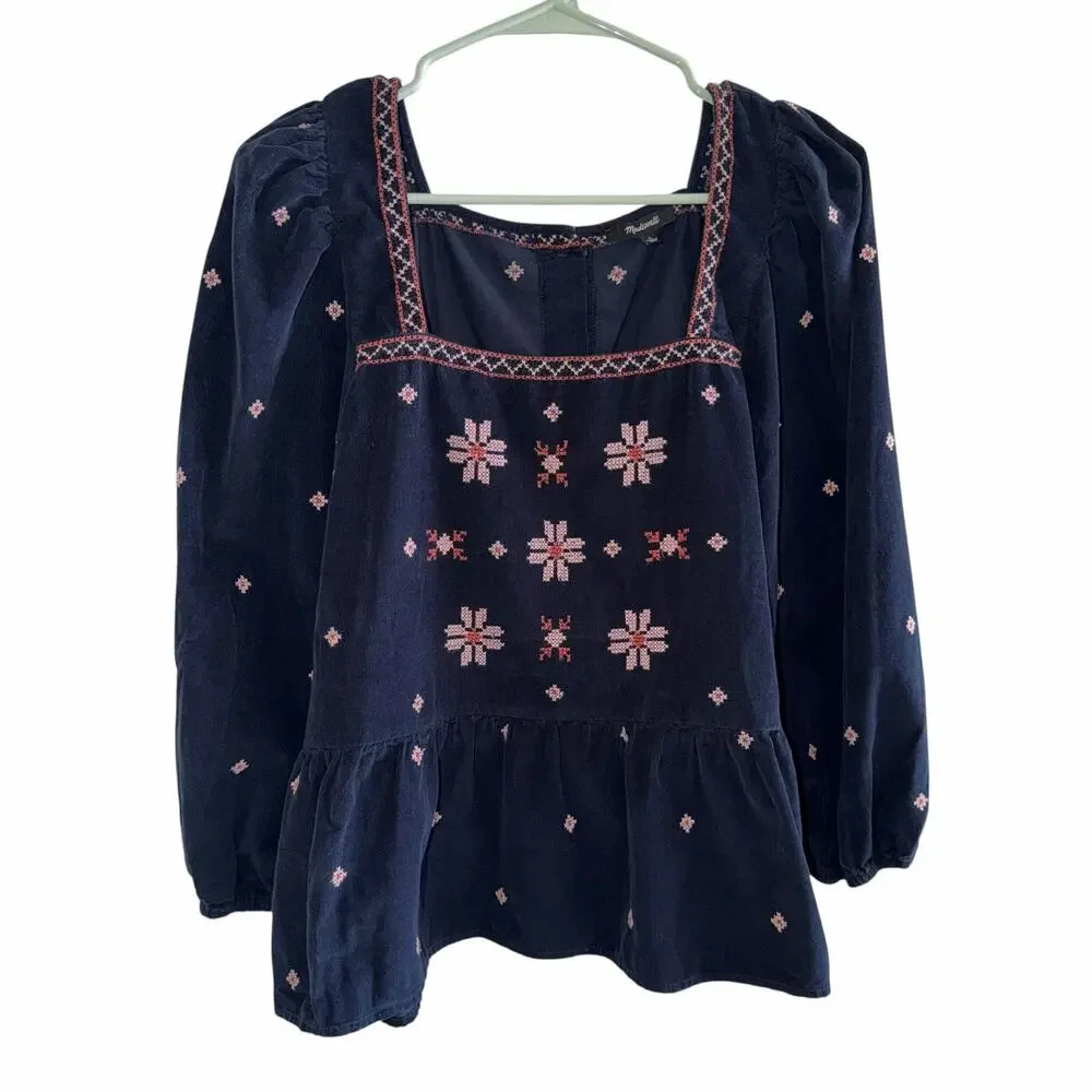 Madewell Embroidered Corduroy Button Back Peplum Top Navy Size L